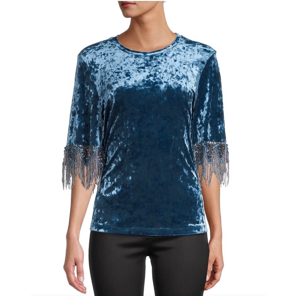 Kobi Halperin Jennifer Velvet Crewneck Fringe-Cuff in Topaz, S